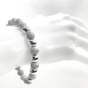 Silver with Natural White & Black Stone Bead Durable Stretchy Bracelet (7.5")
